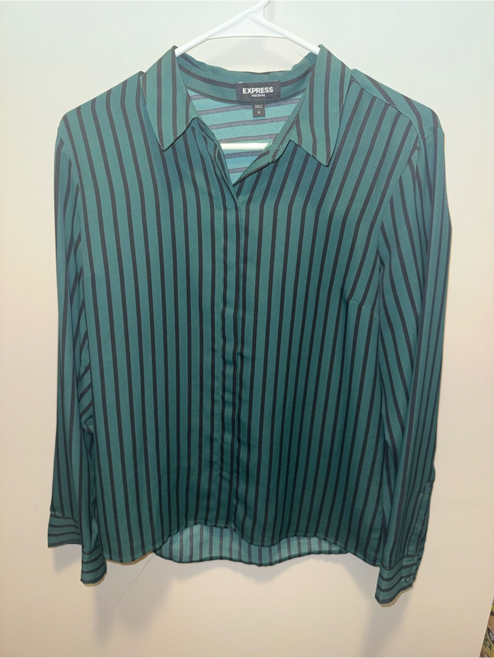 Express Dark Green and Black Vertical Stripe Button-Down Blouse